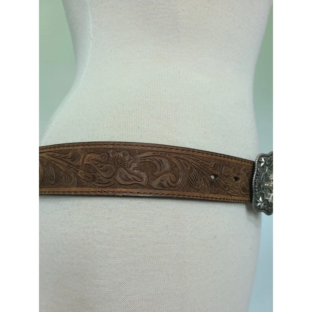 Nocona Embossed Floral Brown Leather Belt Silver Rodeo Bull Rider Stamped Buckle - Picture 3 of 9
